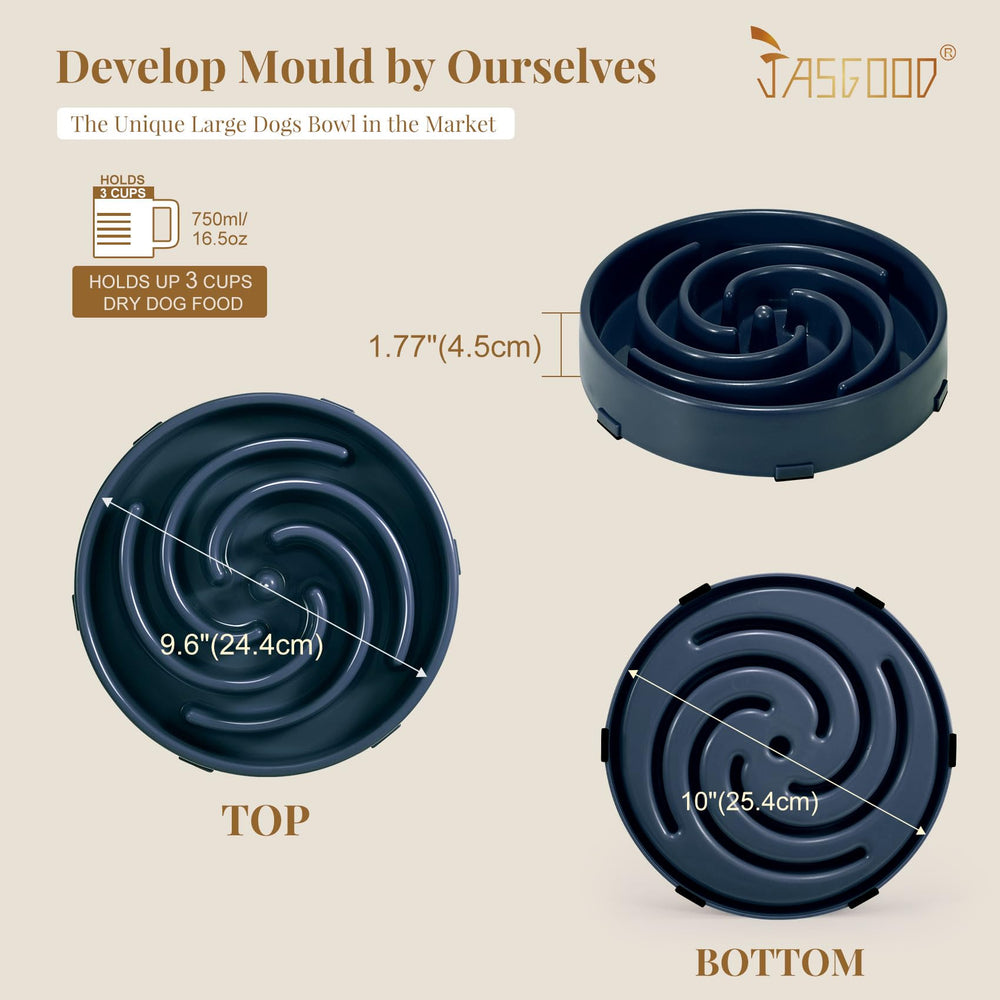 JASGOOD slow feeder bowl dimensions show 7.24 inch diameter and 1.57 inch height.