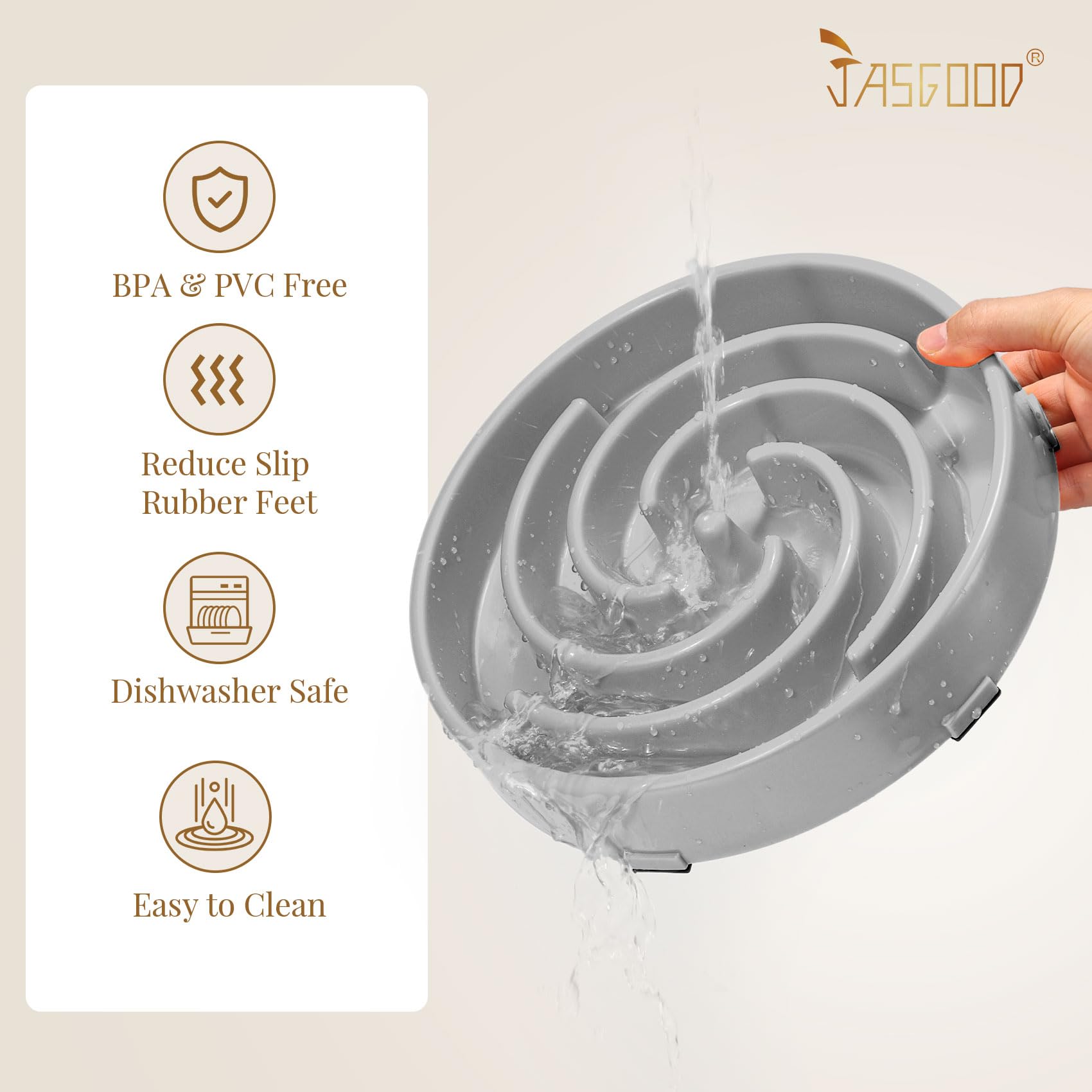 JASGOOD slow feeder with bottom mats to prevent sliding during meals.
