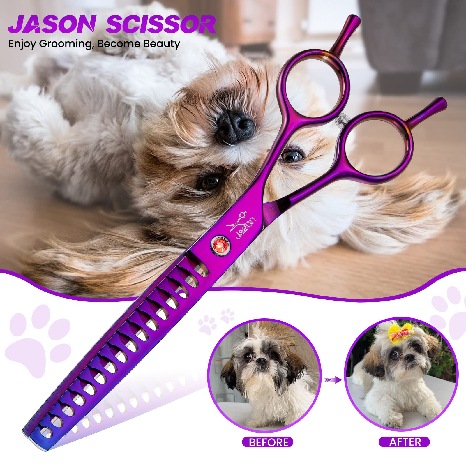 JASON 440C stainless steel dog grooming scissor blades stay sharp during long sessions.