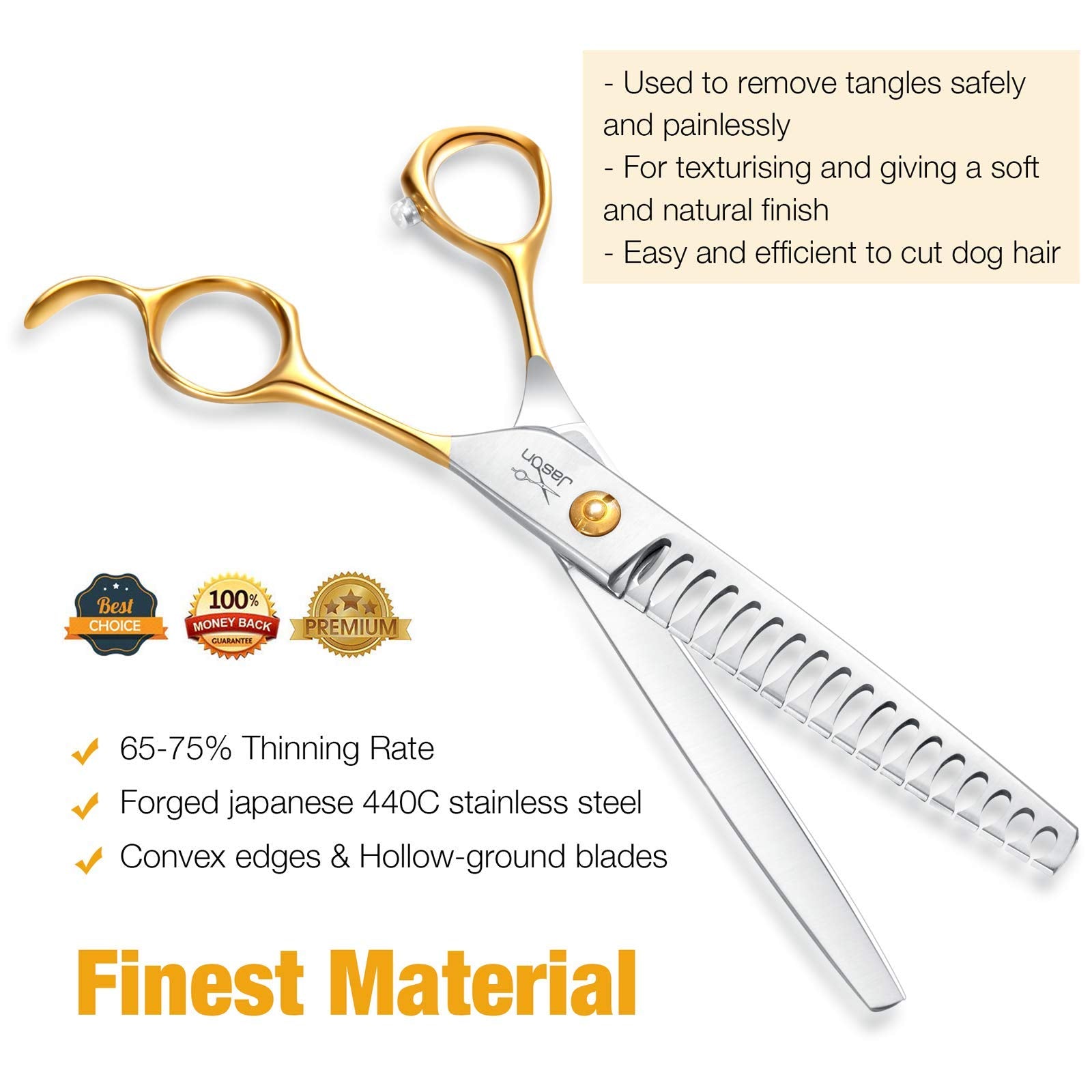 JASON gold-handled shears in hand for comfortable, precise grooming control