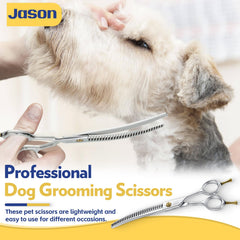JASON 7-Inch dog grooming shears blades close-up demonstrates sharp precision for thinning coats.