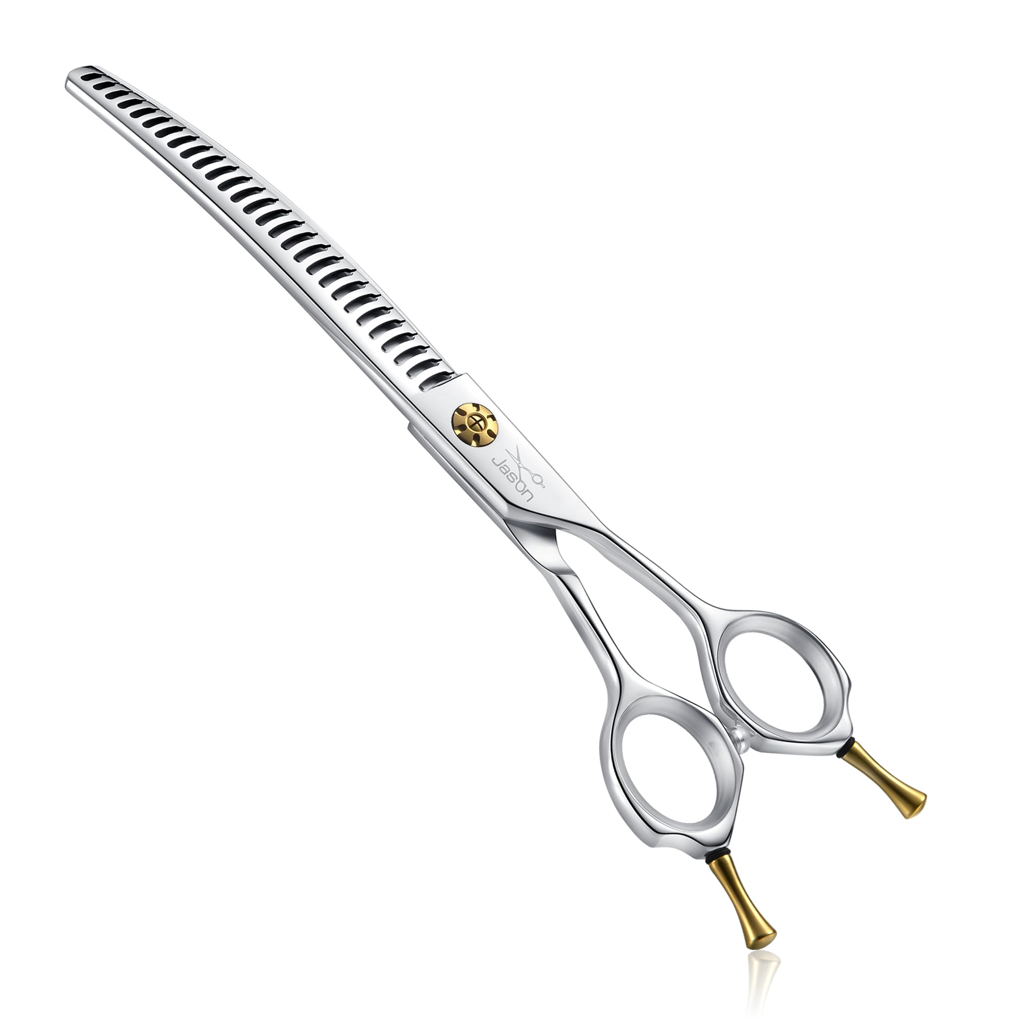 JASON 7-Inch dog grooming shears handle close-up shows ergonomic comfort for long sessions.