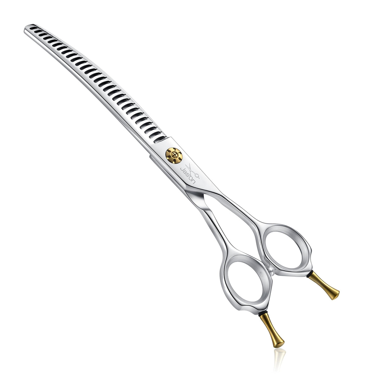 JASON 7-Inch dog grooming shears handle close-up shows ergonomic comfort for long sessions.