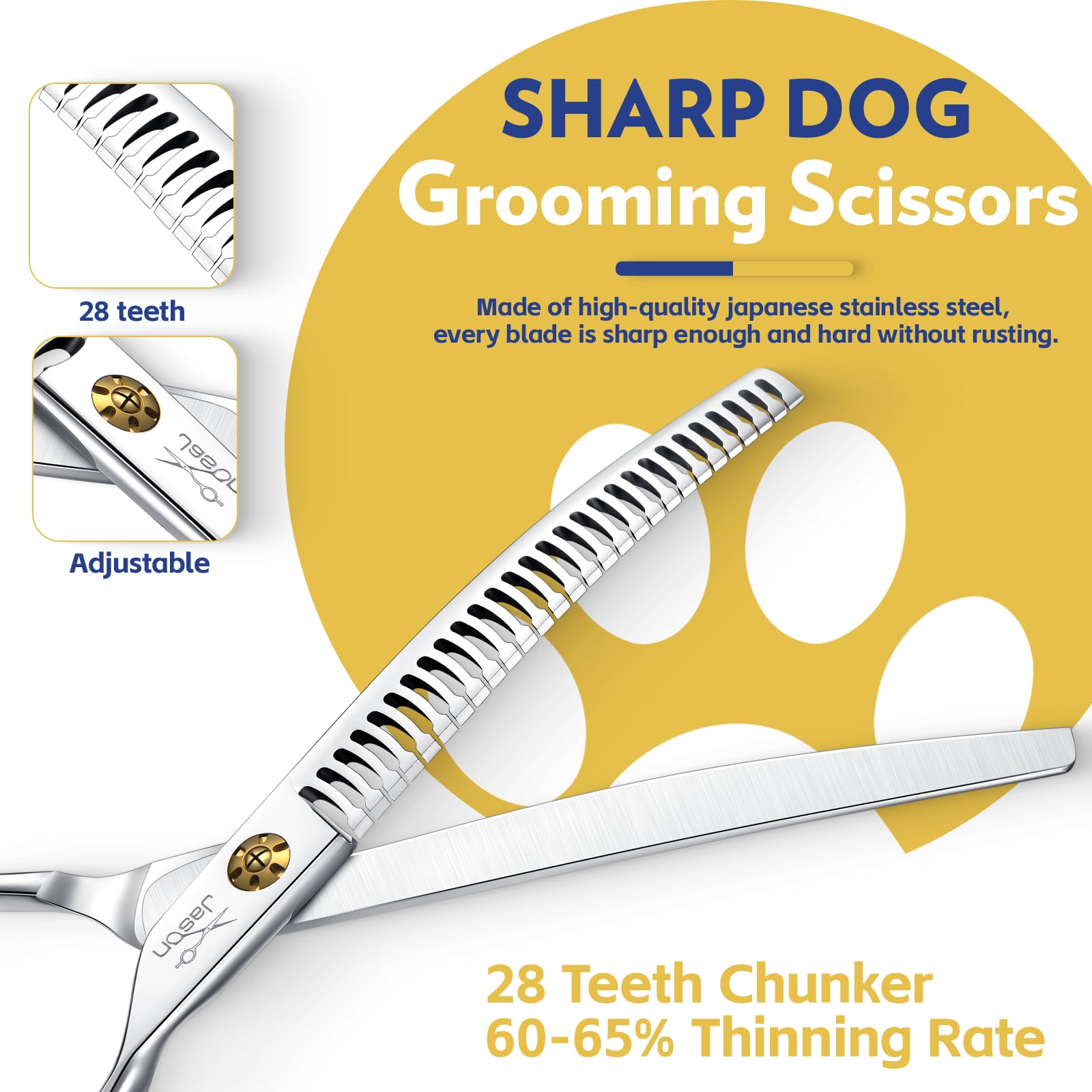 JASON 7-Inch dog grooming shears adjustment screw shows customizable tension for precise control.