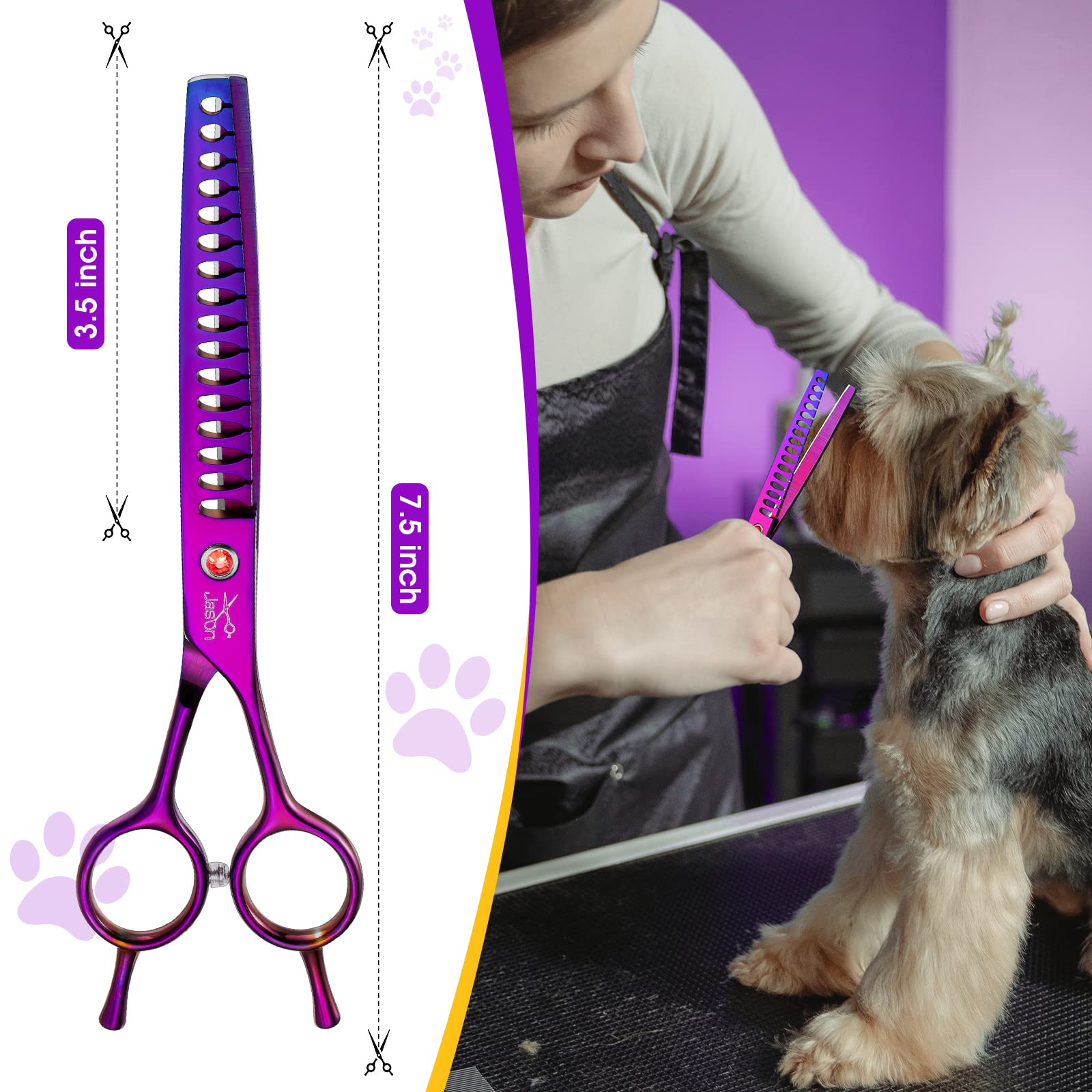 JASON adjustable-screw dog-scissor enables customizing fur thickness for versatile grooming.