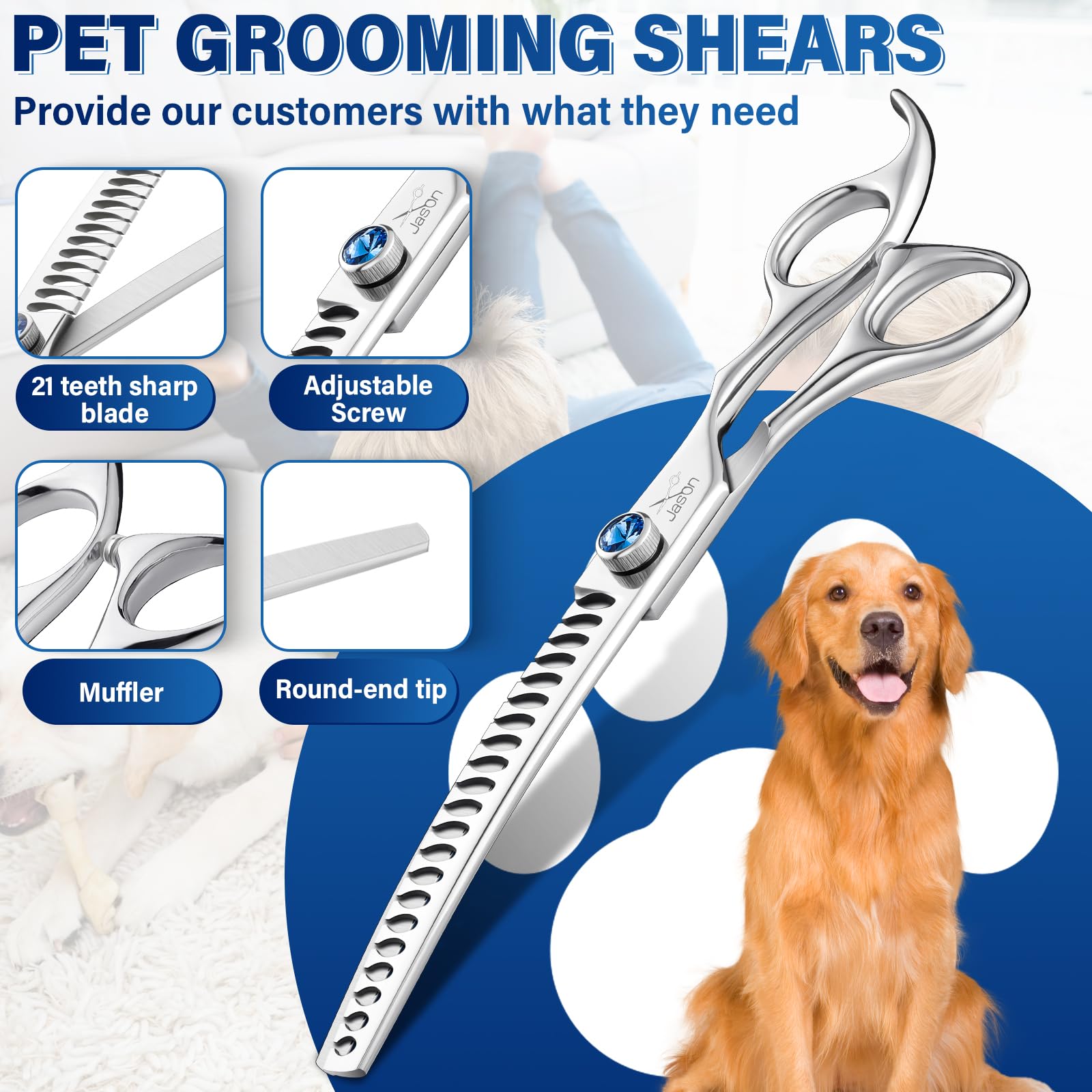 JASON adjustable screw and muffler on dog grooming scissors reduces noise.