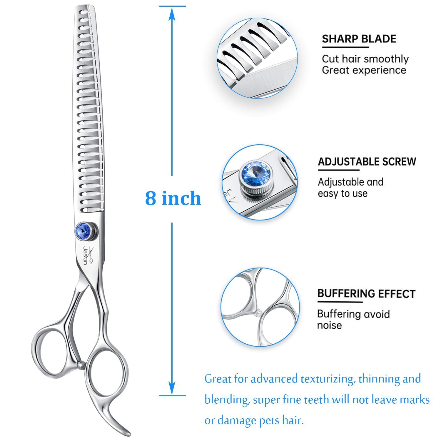 JASON blue crystal dial tension system enabling quiet, smooth scissoring.