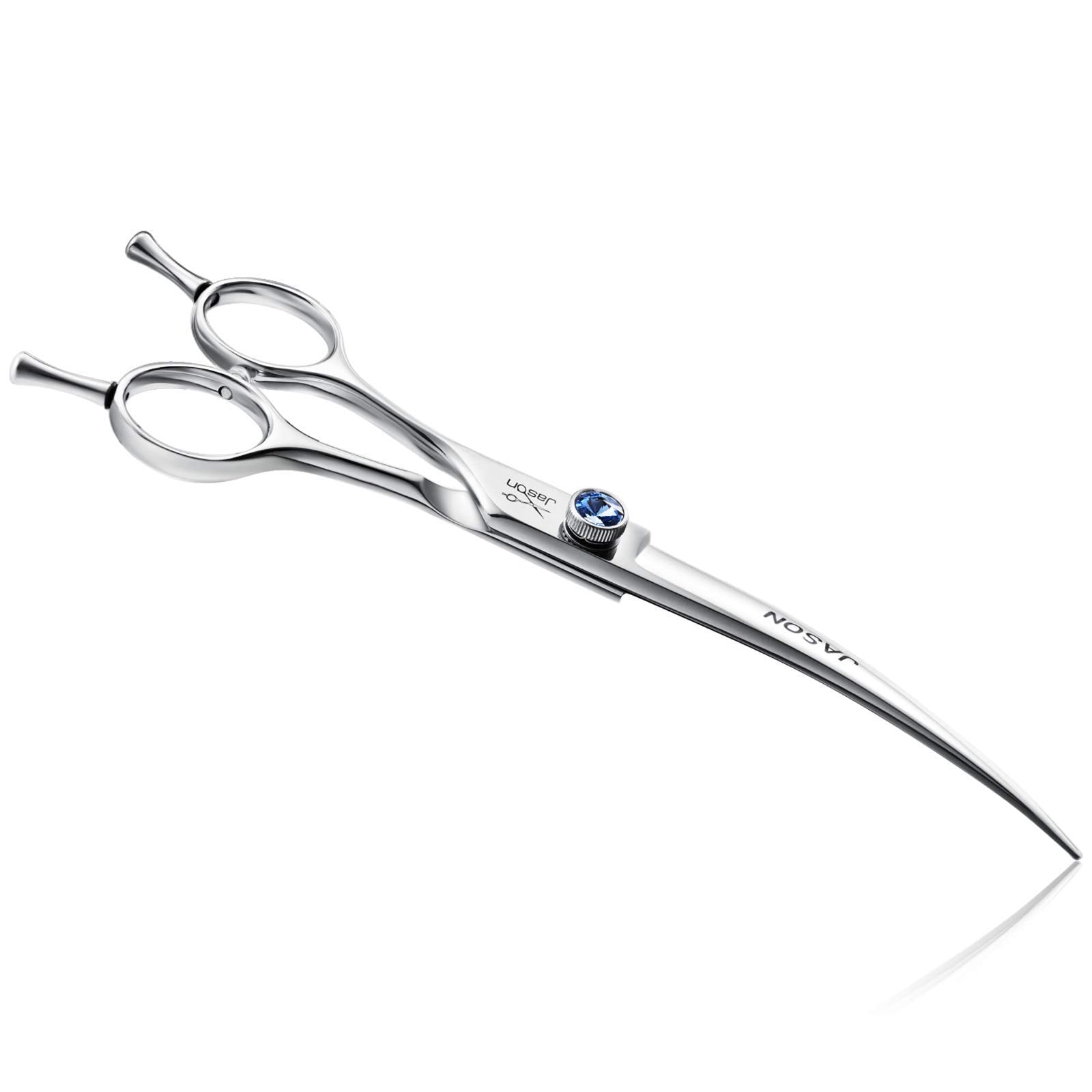 Jason 7-inch curved dog grooming scissors product shot showing curved blade for precise trims