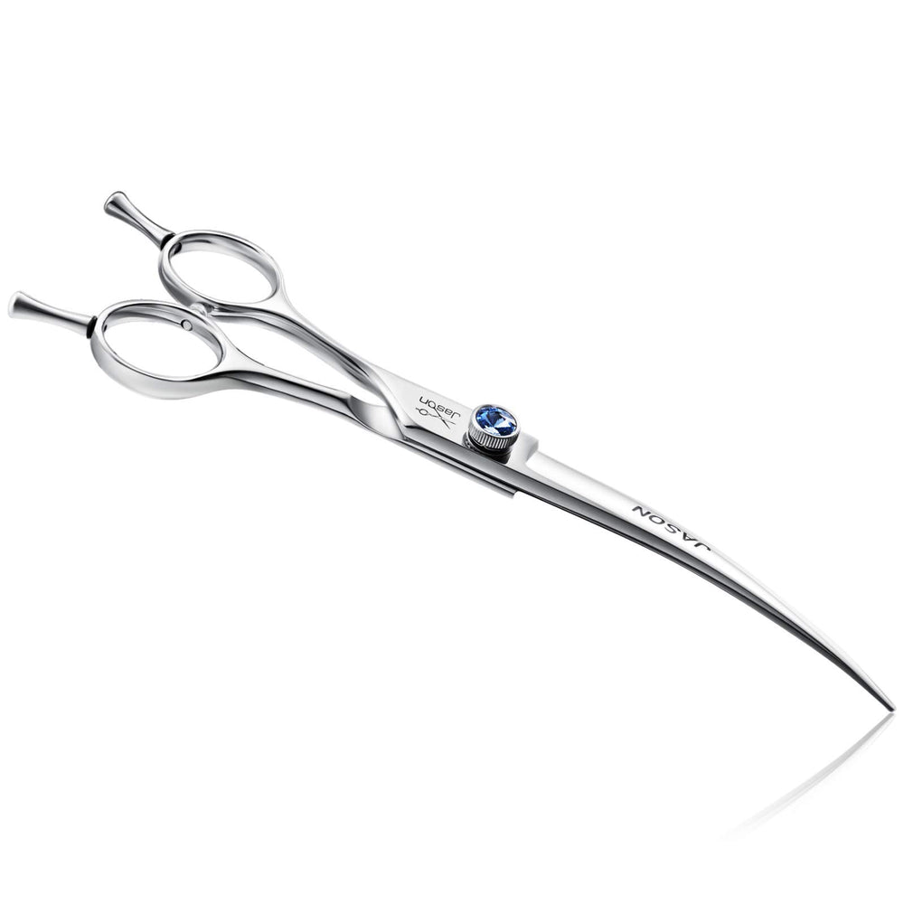 Jason 7-inch curved dog grooming scissors product shot showing curved blade for precise trims
