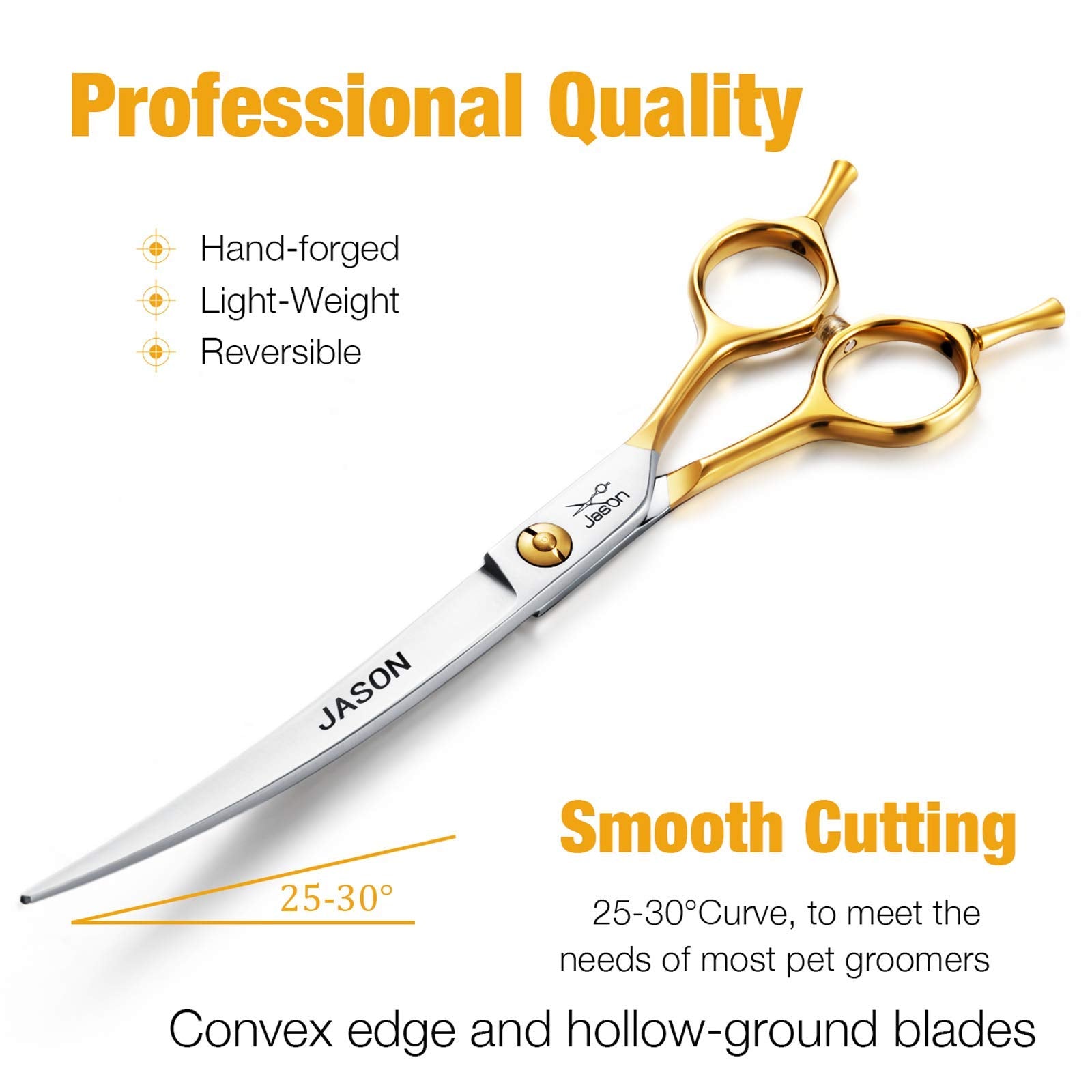 Jason curved dog grooming scissors blade closeup reveals Japanese 440C steel durability and sharp edge