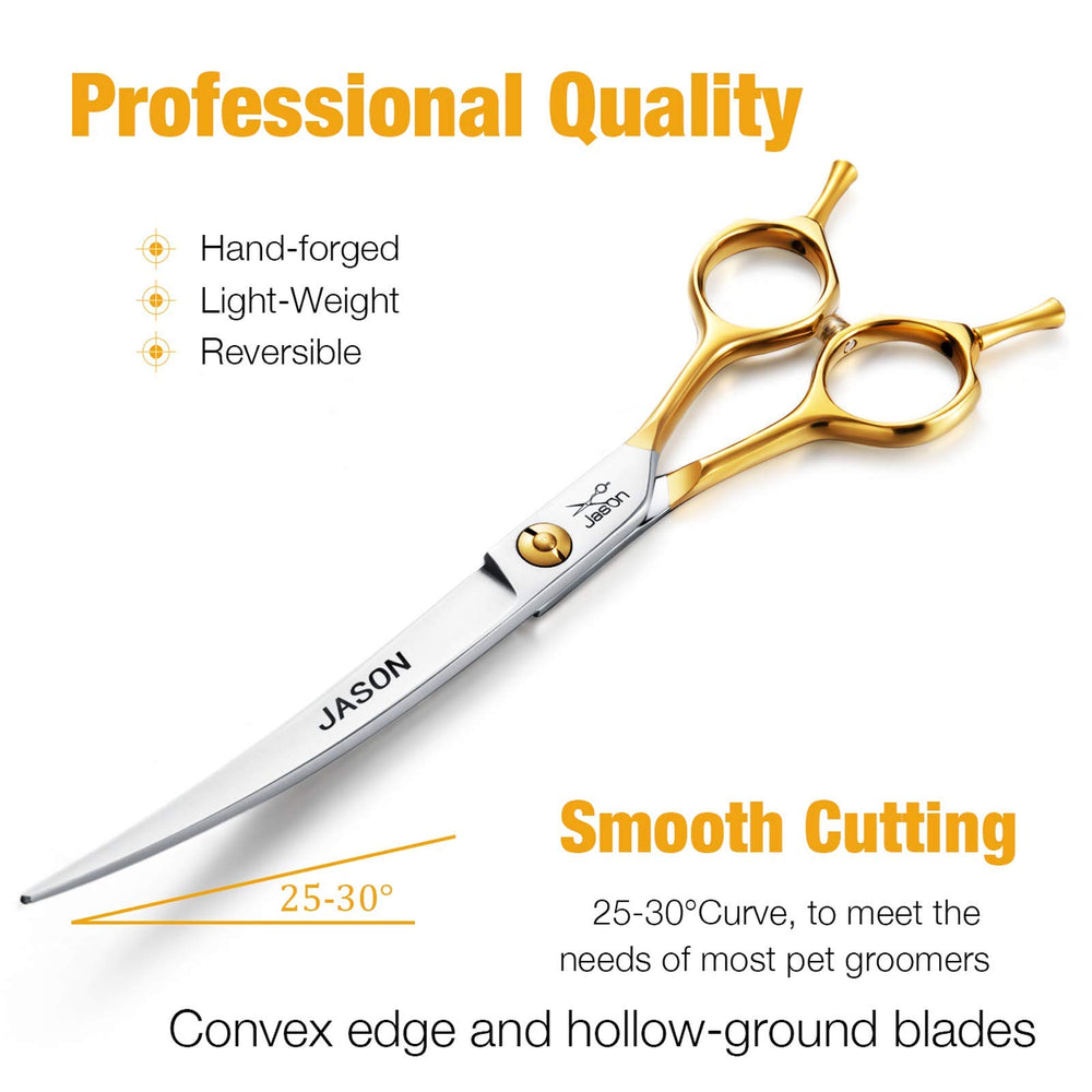 Jason curved dog grooming scissors blade closeup reveals Japanese 440C steel durability and sharp edge