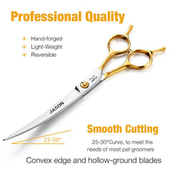 Jason curved dog grooming scissors blade closeup reveals Japanese 440C steel durability and sharp edge