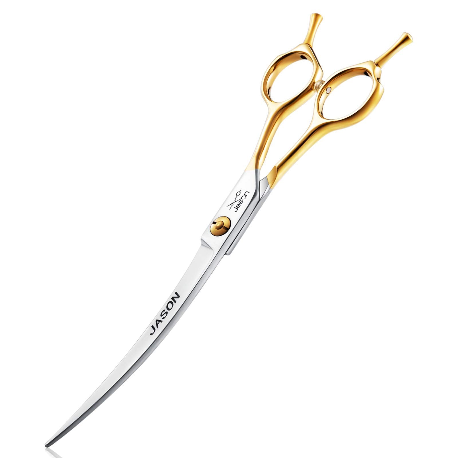 Jason curved dog grooming scissors front view shows sharp blades for precise trimming