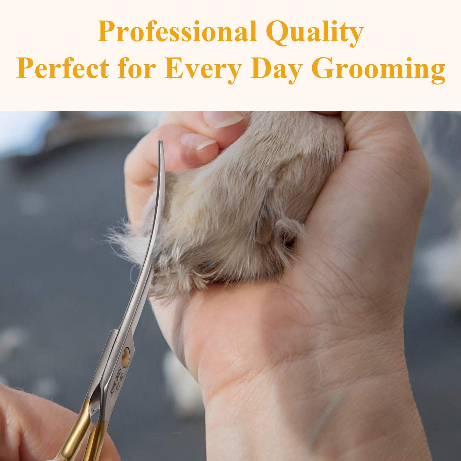 Jason curved dog grooming scissors in case demonstrates portable grooming on the go