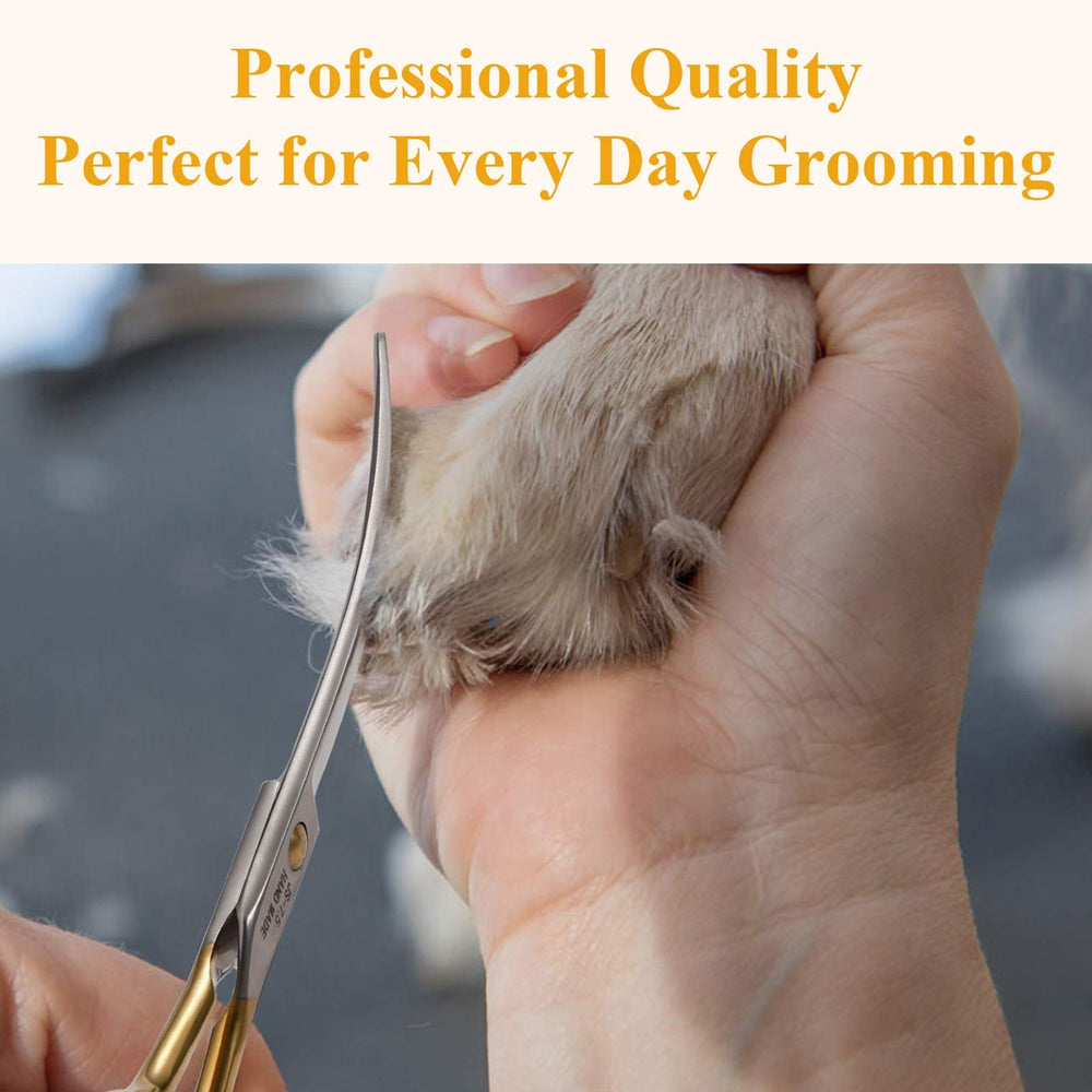 Jason curved dog grooming scissors in case demonstrates portable grooming on the go