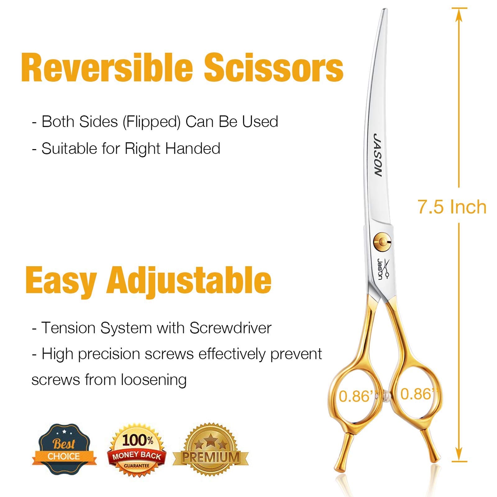 Jason curved dog grooming scissors side view highlights ergonomic grip for comfortable use