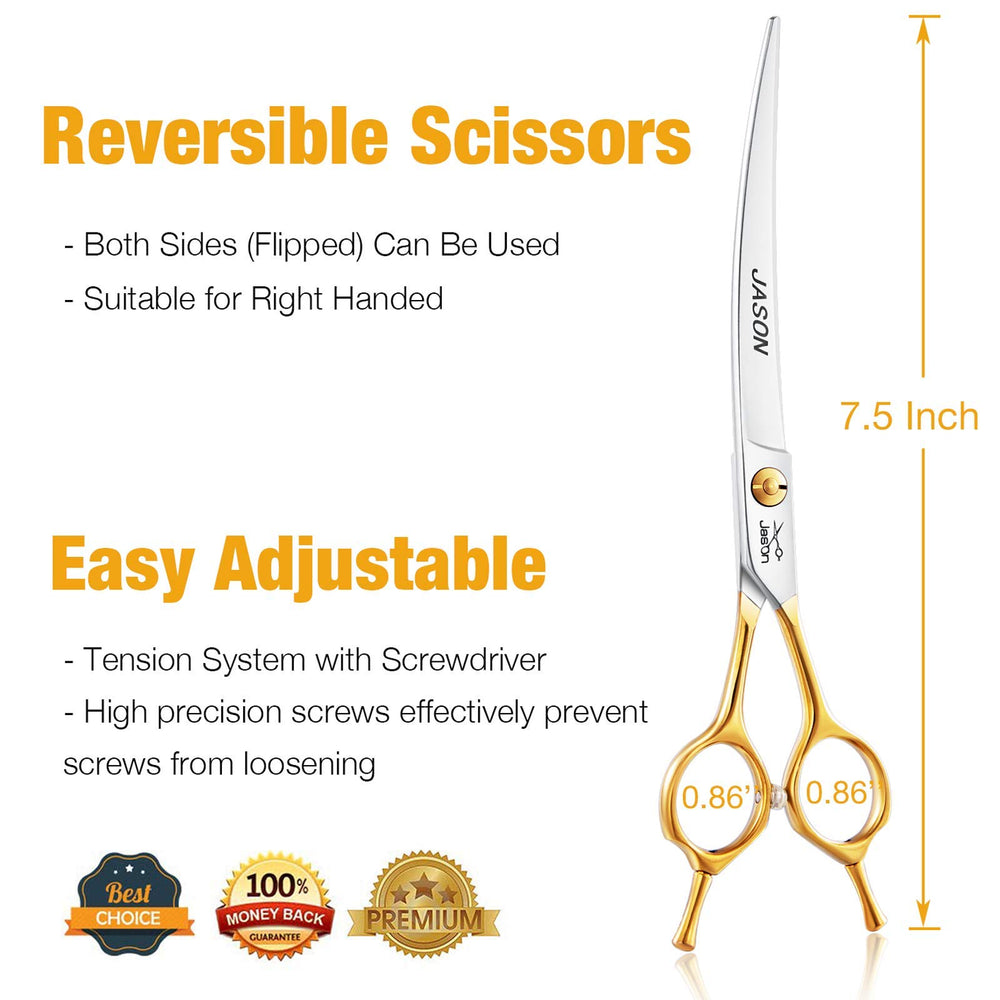 Jason curved dog grooming scissors side view highlights ergonomic grip for comfortable use