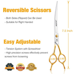 Jason curved dog grooming scissors side view highlights ergonomic grip for comfortable use