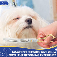 Jason curved-dog-scissors thickness-guide-rail detail demonstrates consistent blade thickness and stability.