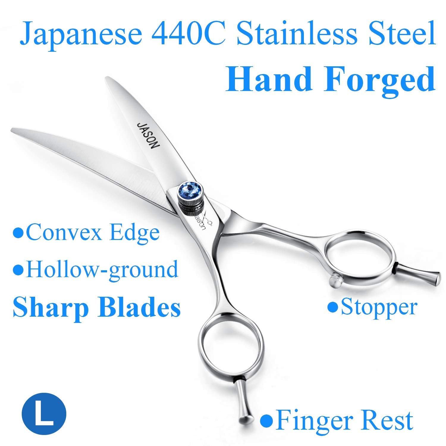 Jason curved grooming scissors used on head and feet to create roundness for small to medium breeds