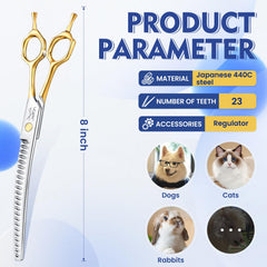 Jason curved-shears in-use trimming dog's face for natural-looking contours and safety.