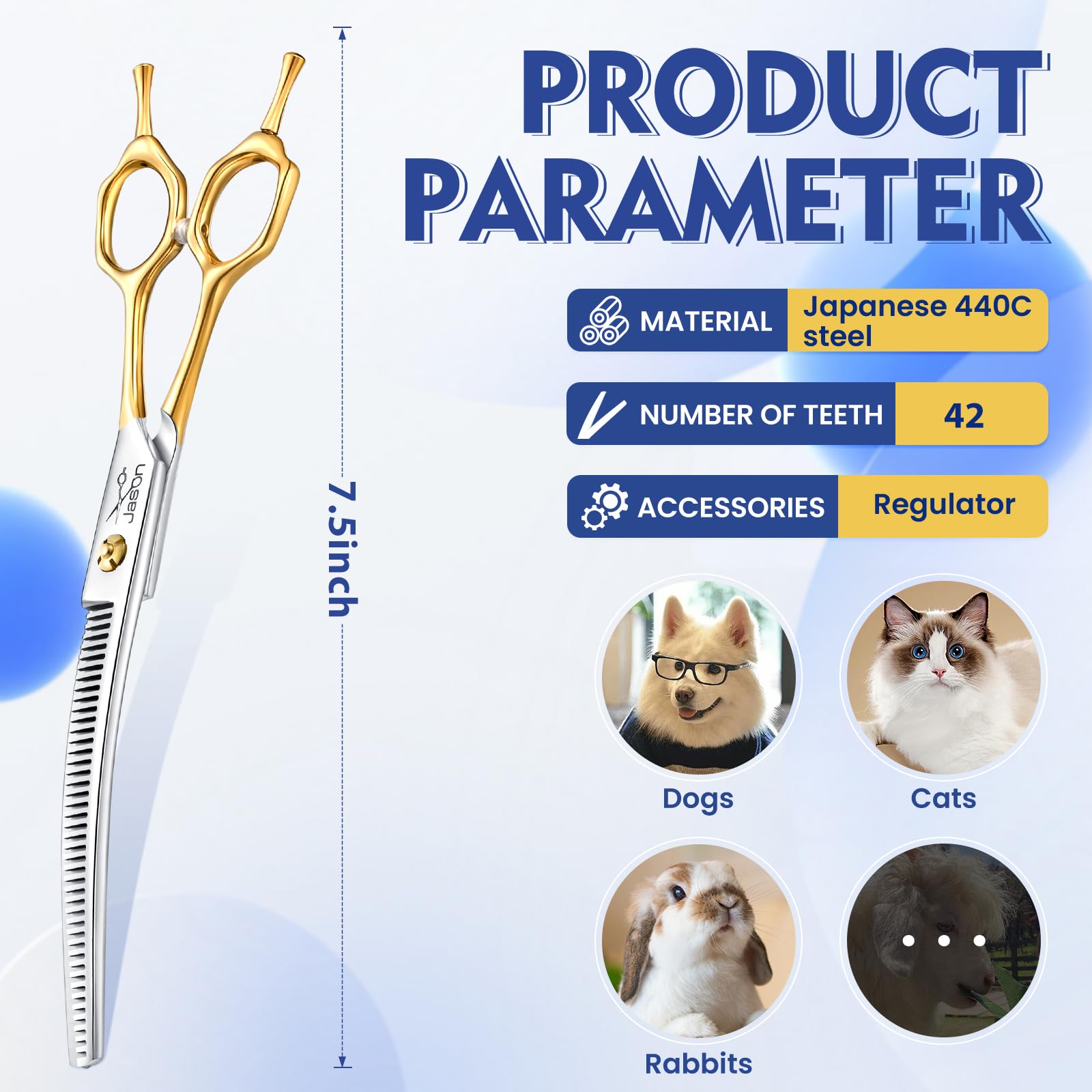 JASON curved thinner dog scissors ergonomic handle closeup for comfortable control