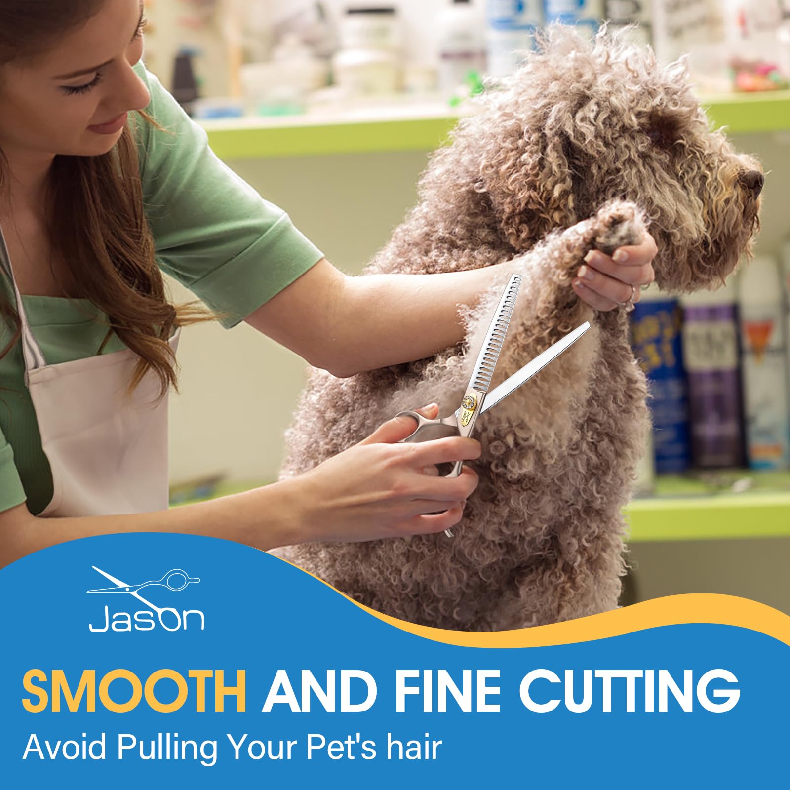 Jason dog chunker thinning scissors with 24 fishbone teeth for textured coats.