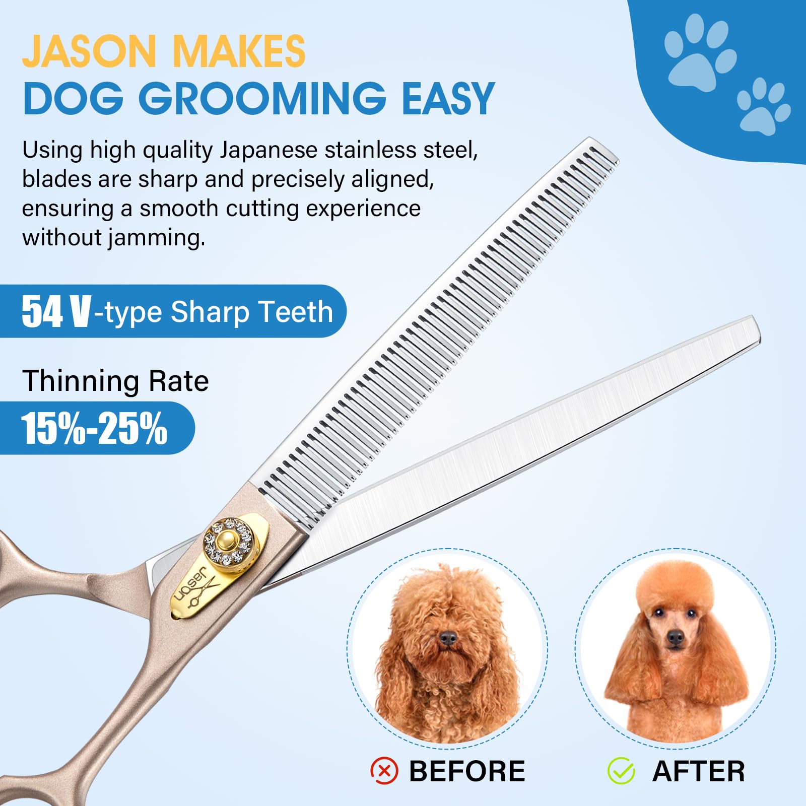 JASON dog grooming scissors ergonomic handles reduce fatigue during grooming.