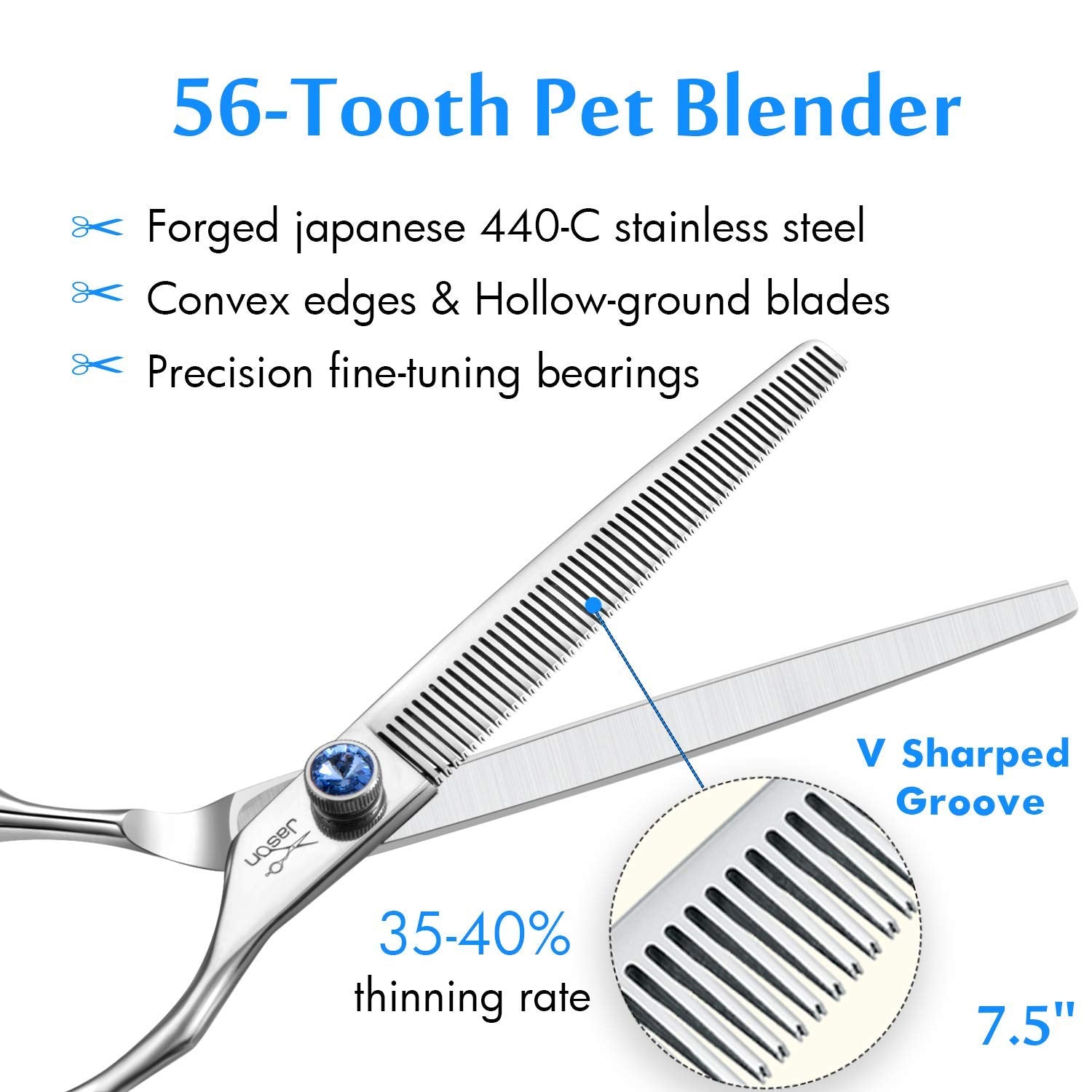 JASON 7.5 inch dogs grooming scissors offset handle for comfortable, adjustable control.