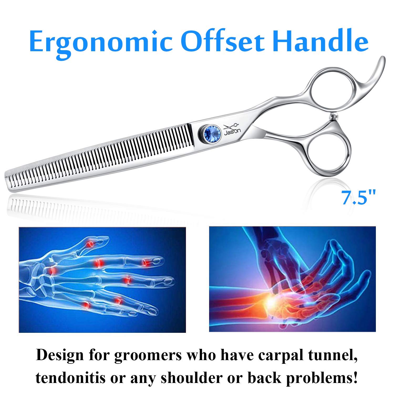 JASON ergonomic offset-handle scissors reduce hand strain during grooming sessions.