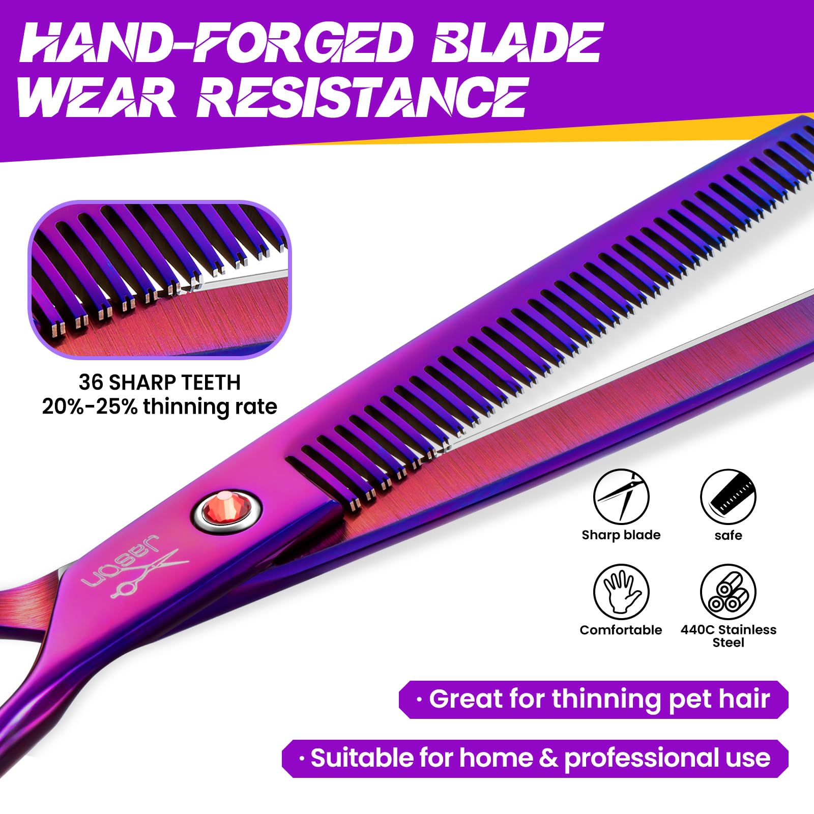 JASON 440C stainless steel thinning scissors for long-lasting sharpness.