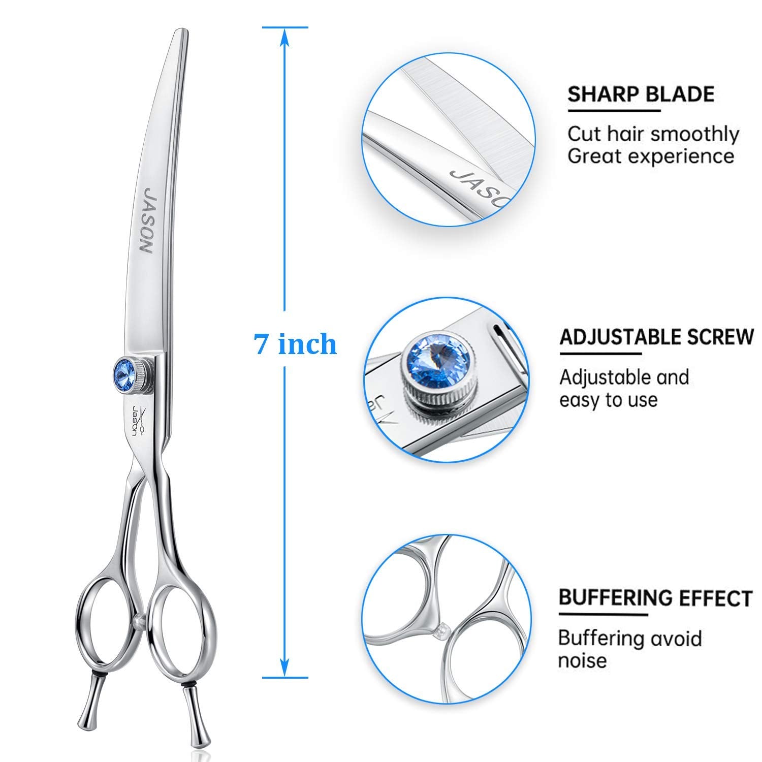 JASON jewelled screw detail on right-handed scissors provides secure, easy adjustment.