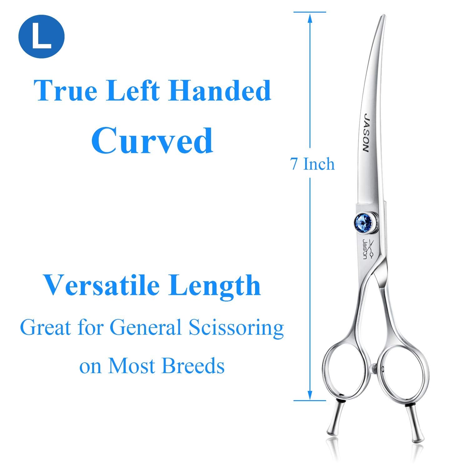 Jason left-handed curved grooming scissors designed for comfortable one-handed use