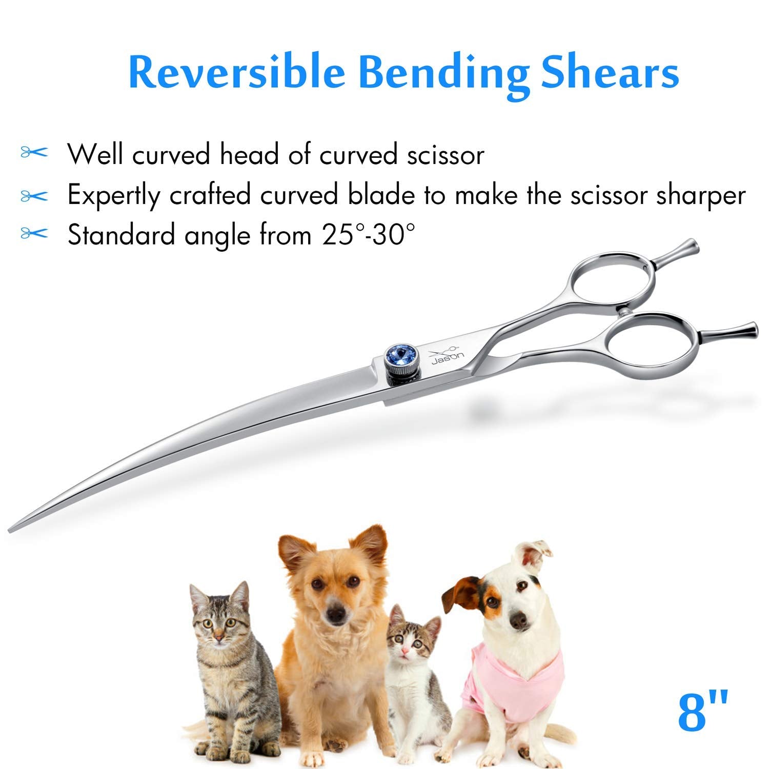 Jason offset handle curved scissors for right handed groomers natural hand position