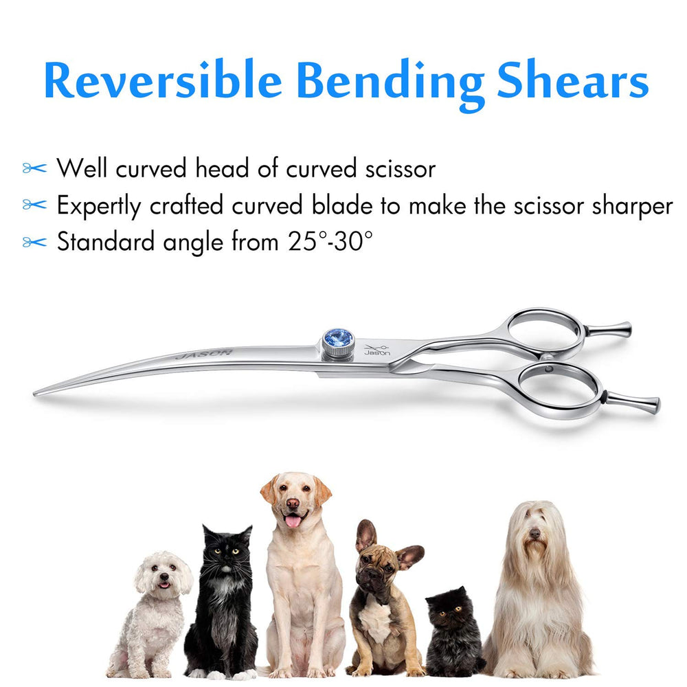 JASON offset-handle ergonomic grooming scissors improve control and comfort during long sessions.