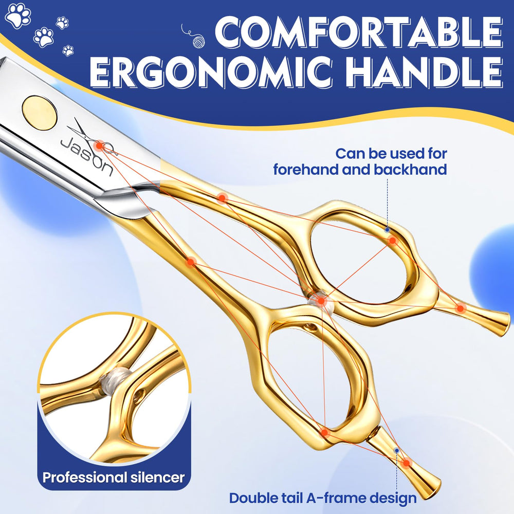 Jason professional-dog-grooming-scissors-pack closeup communicates pro results and portable convenience.