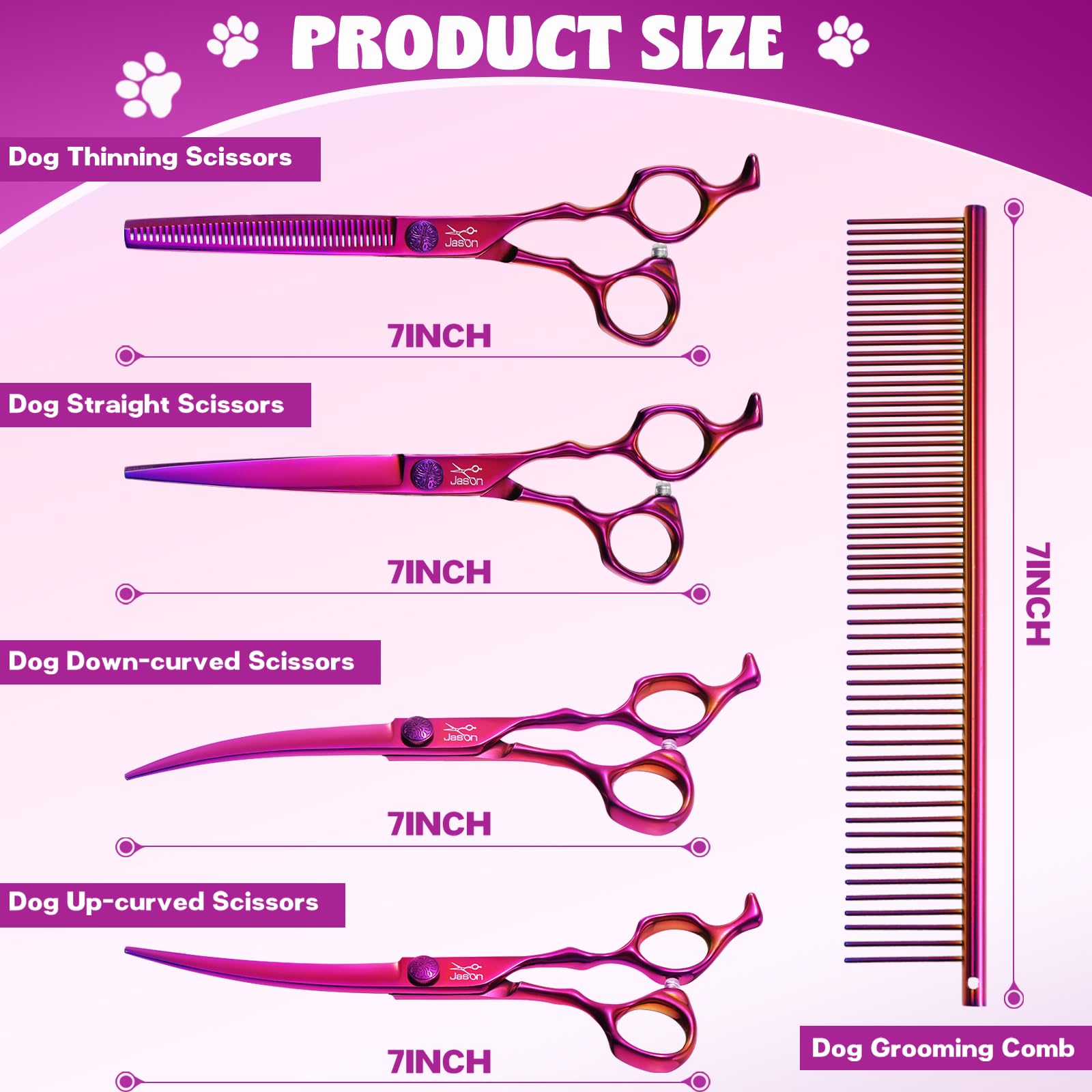 JASON Purple 7 inch down-curved scissors help safely shape around ears and paws.