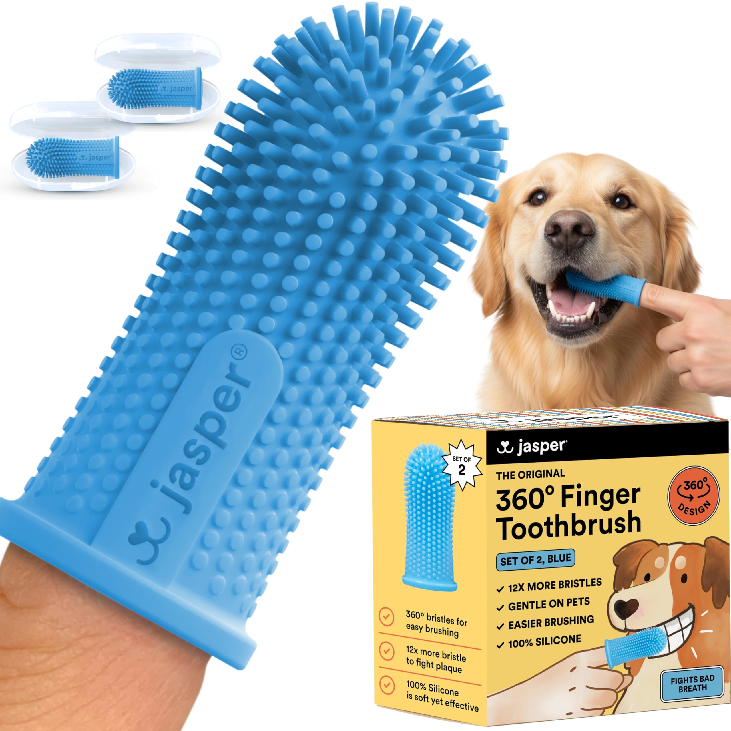 Jasper 360° dog toothbrush 2-pack blue for at-home comprehensive dental cleaning