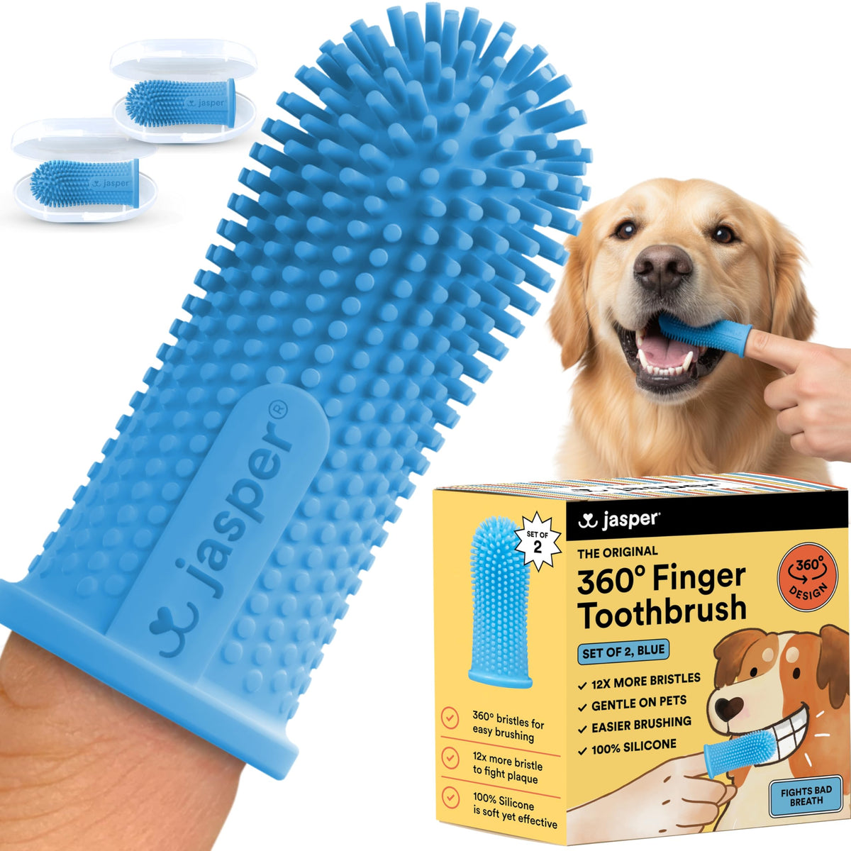 Jasper 360° dog toothbrush 2-pack blue for at-home comprehensive dental cleaning
