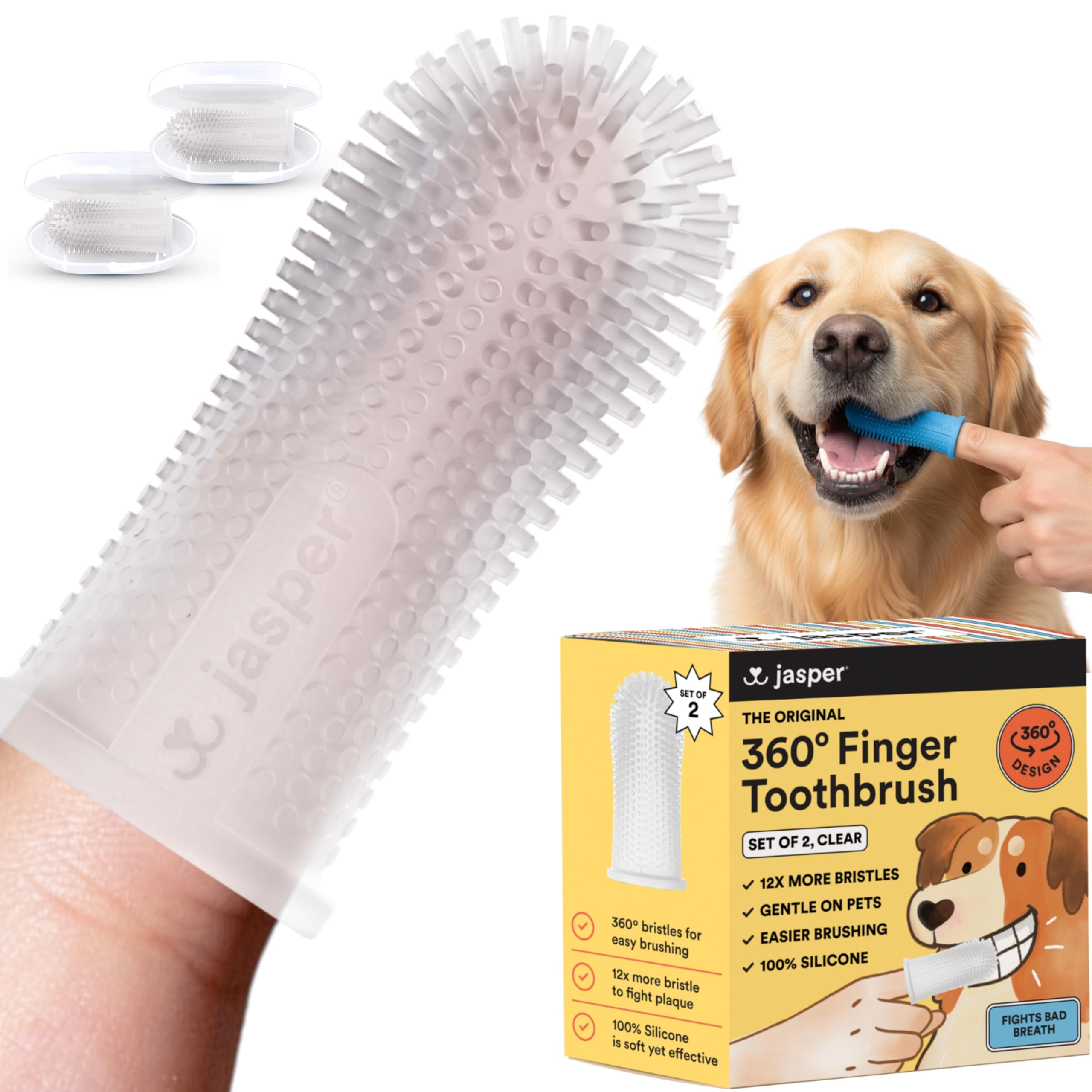 Cepillo Jasper para perros 360° limpia todas las superficies dentales para un aliento más fresco.