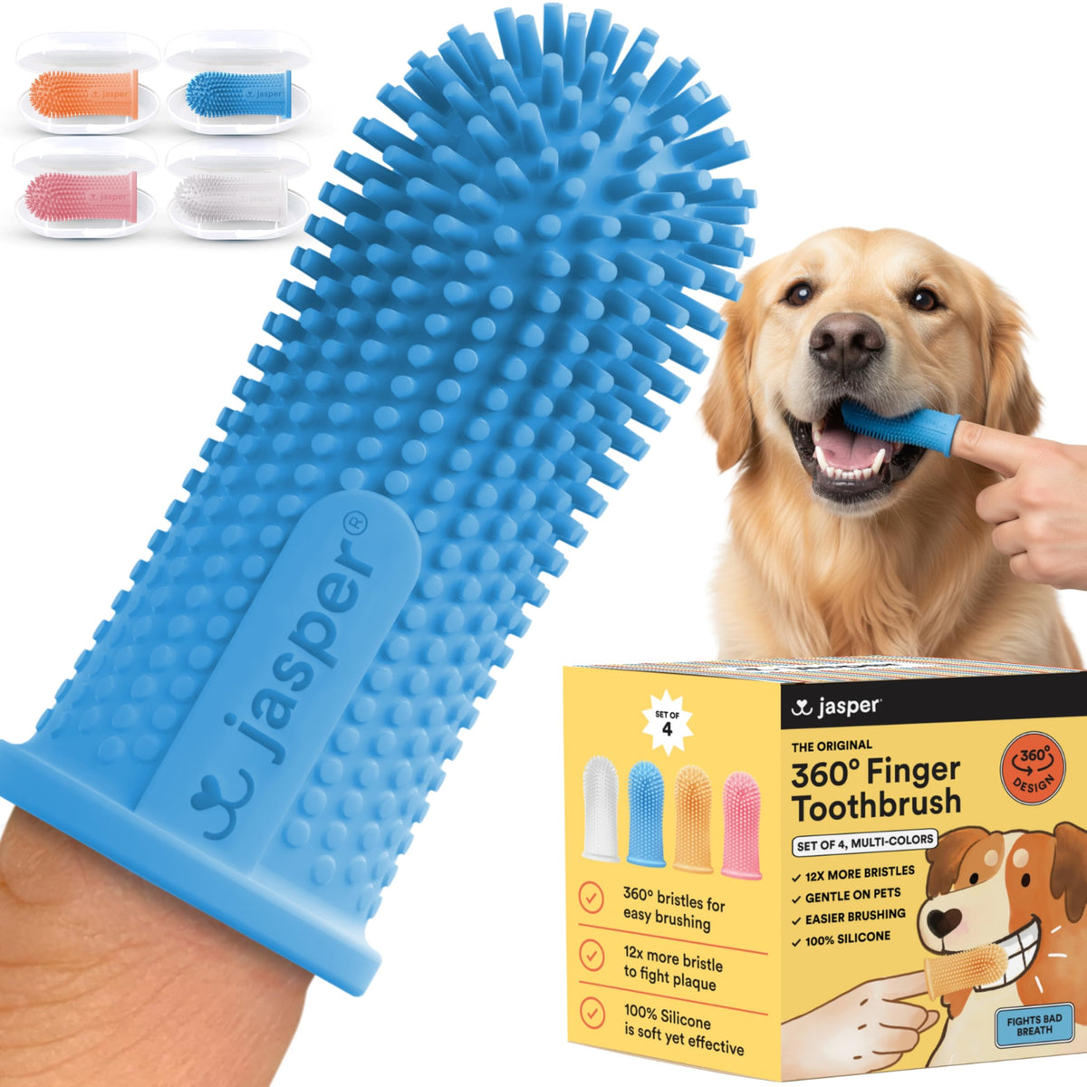 Jasper dog toothbrush with 360-degree bristles clean all surfaces for a healthier smile.