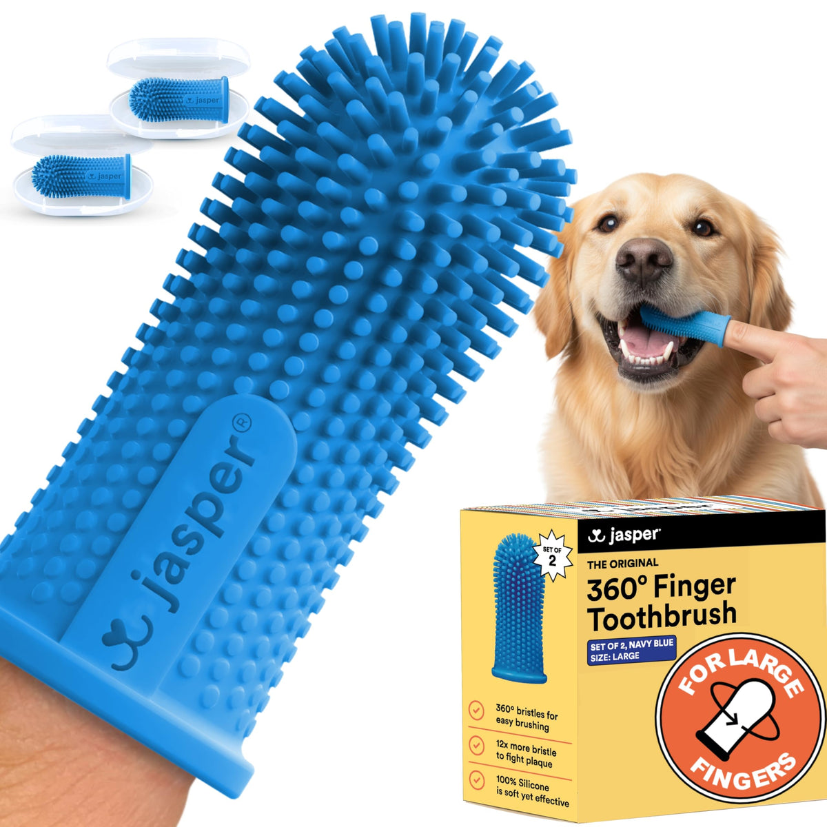 Jasper large dog toothbrush packaging shows the complete dental care kit for home use