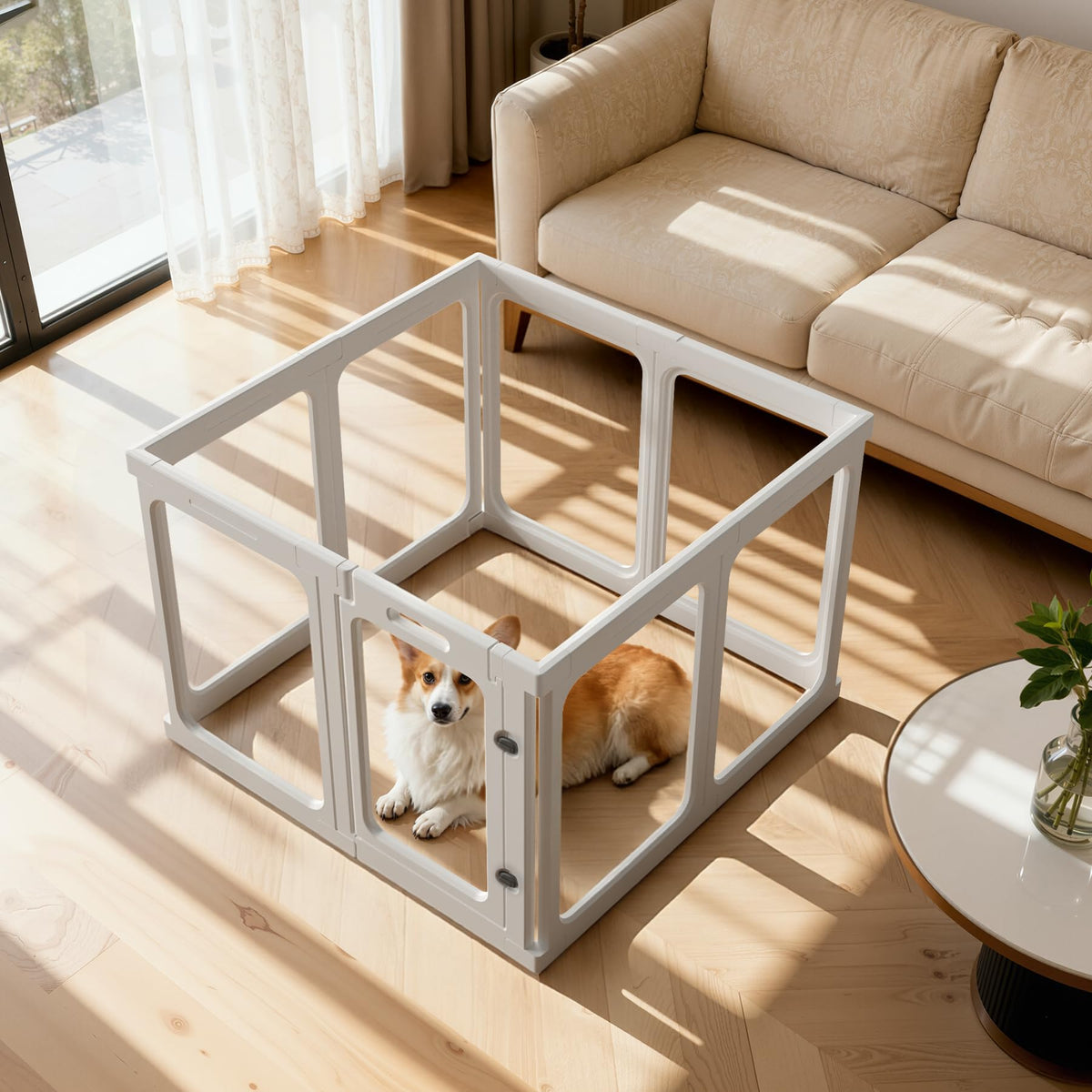 Jatindear clear acrylic dog playpen assembly demonstrates tool-free setup for easy indoor containment