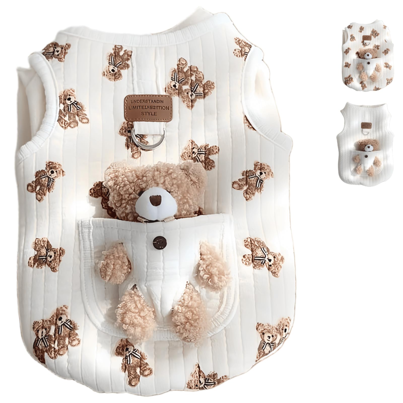 Jatmira plush bear-pattern sleeveless dog shirt front view for easy wear