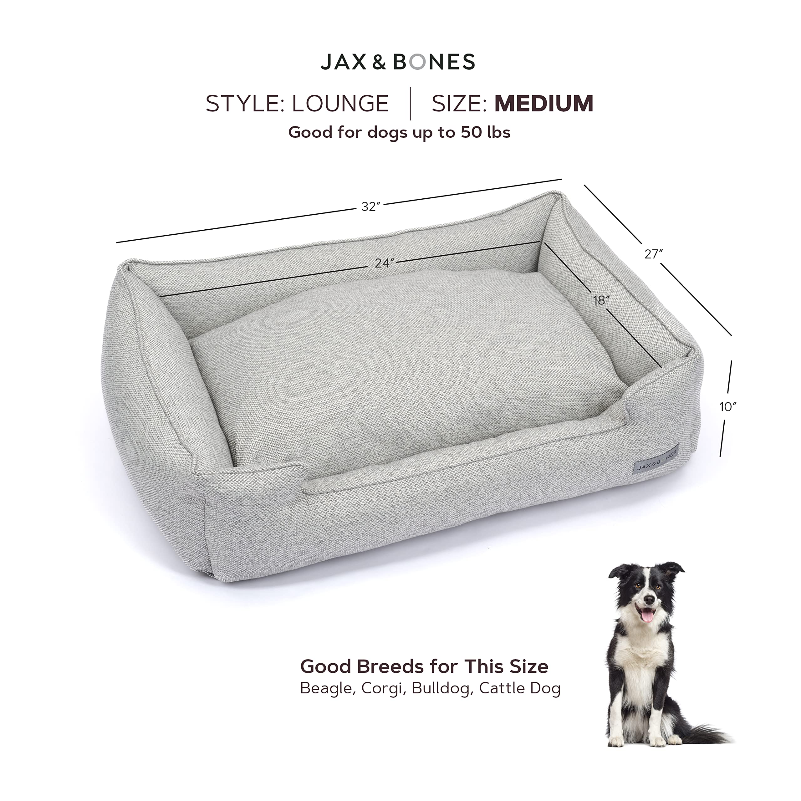 Jax & Bones medium-size 32x27 bed fits dogs up to 50 pounds.