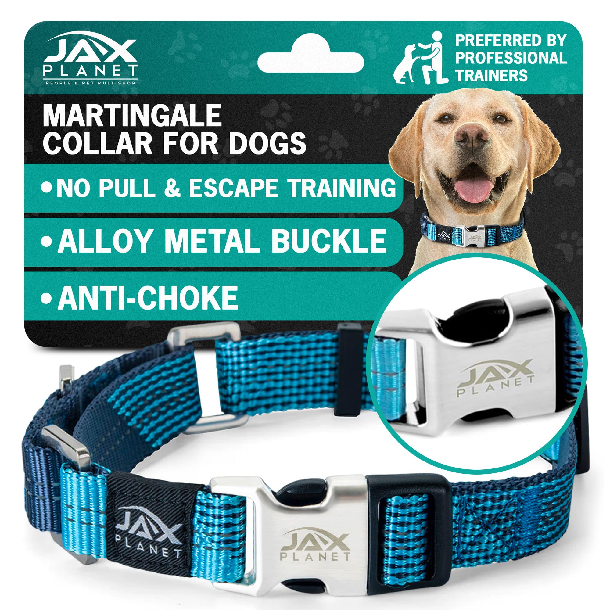JAX PLANET Blue Martingale Collar front view showing secure no-pull design for calm daily walks.