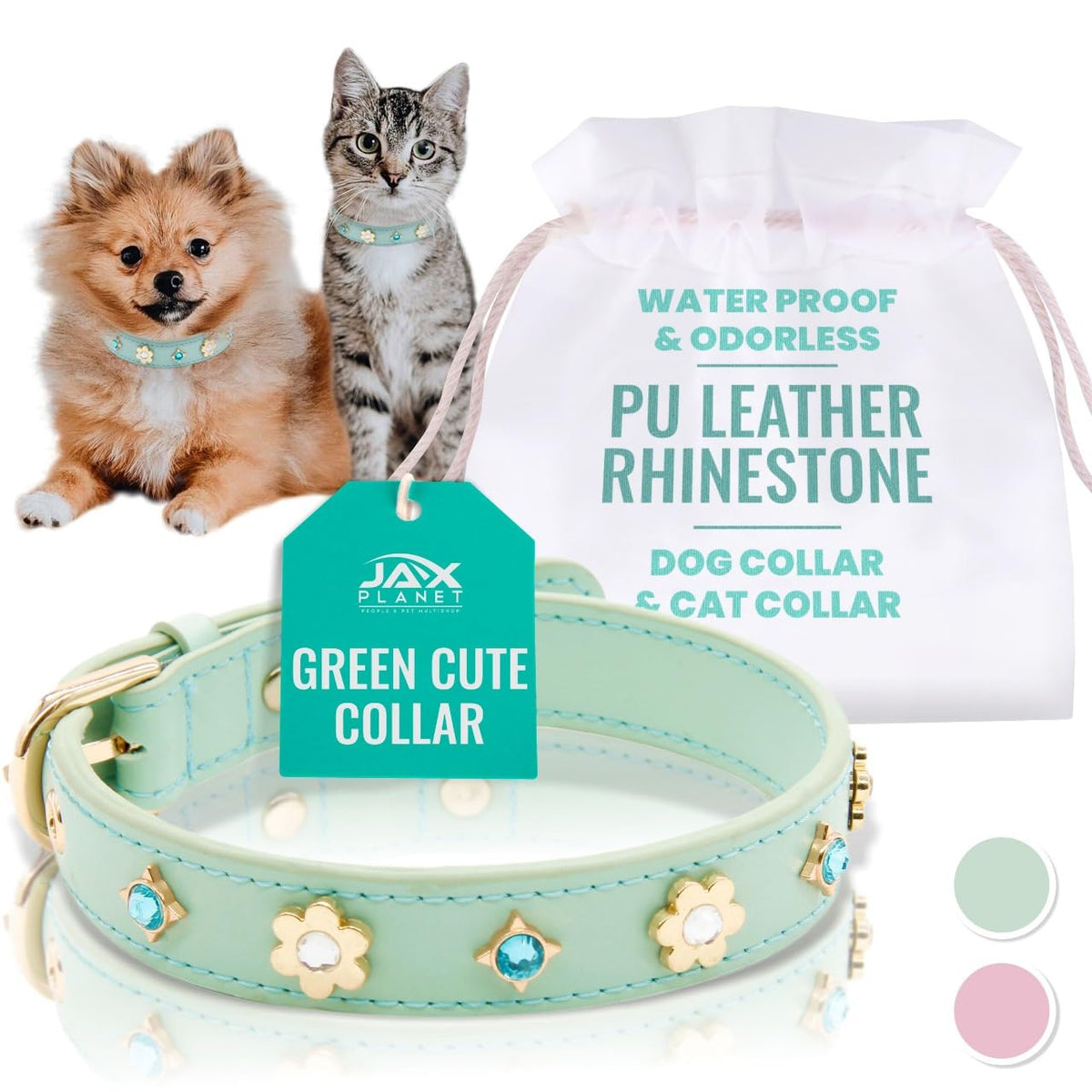 JAX PLANET PU leather rhinestone collar green close-up sparkle for elegant dog outings.