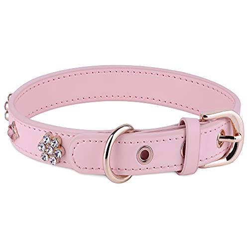 JAX PLANET PU leather rhinestone collar in pink for stylish walking.