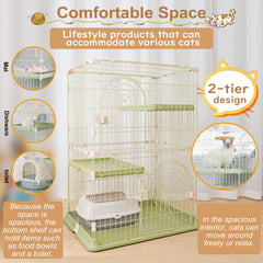 JaxSteam Cat Cage interior shelves show organized zones for toys and meals.
