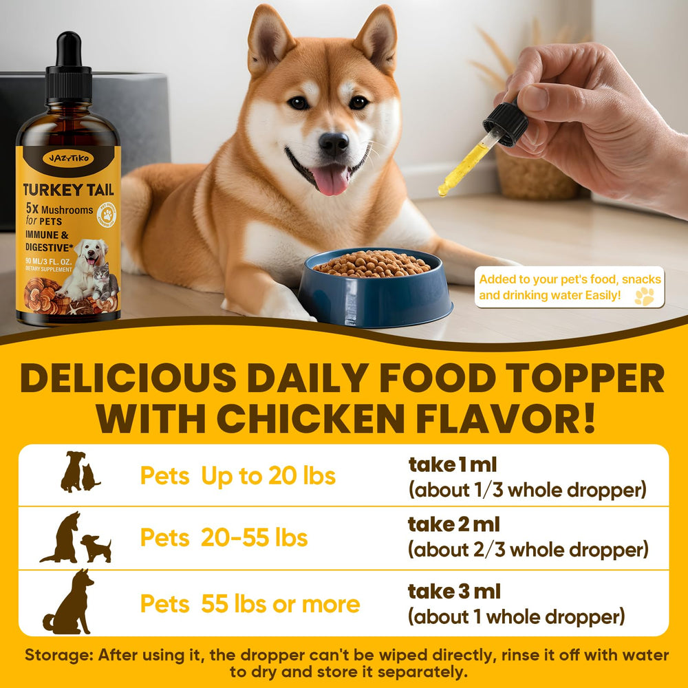Jazytiko turkey tail dogs 5-mushroom blend emphasizes immune and joint support.